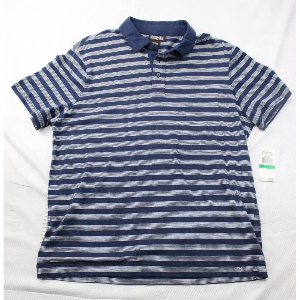NWT Michael Kors Mens Striped Polo Shirt Large Midnight Blue‎ Cotton